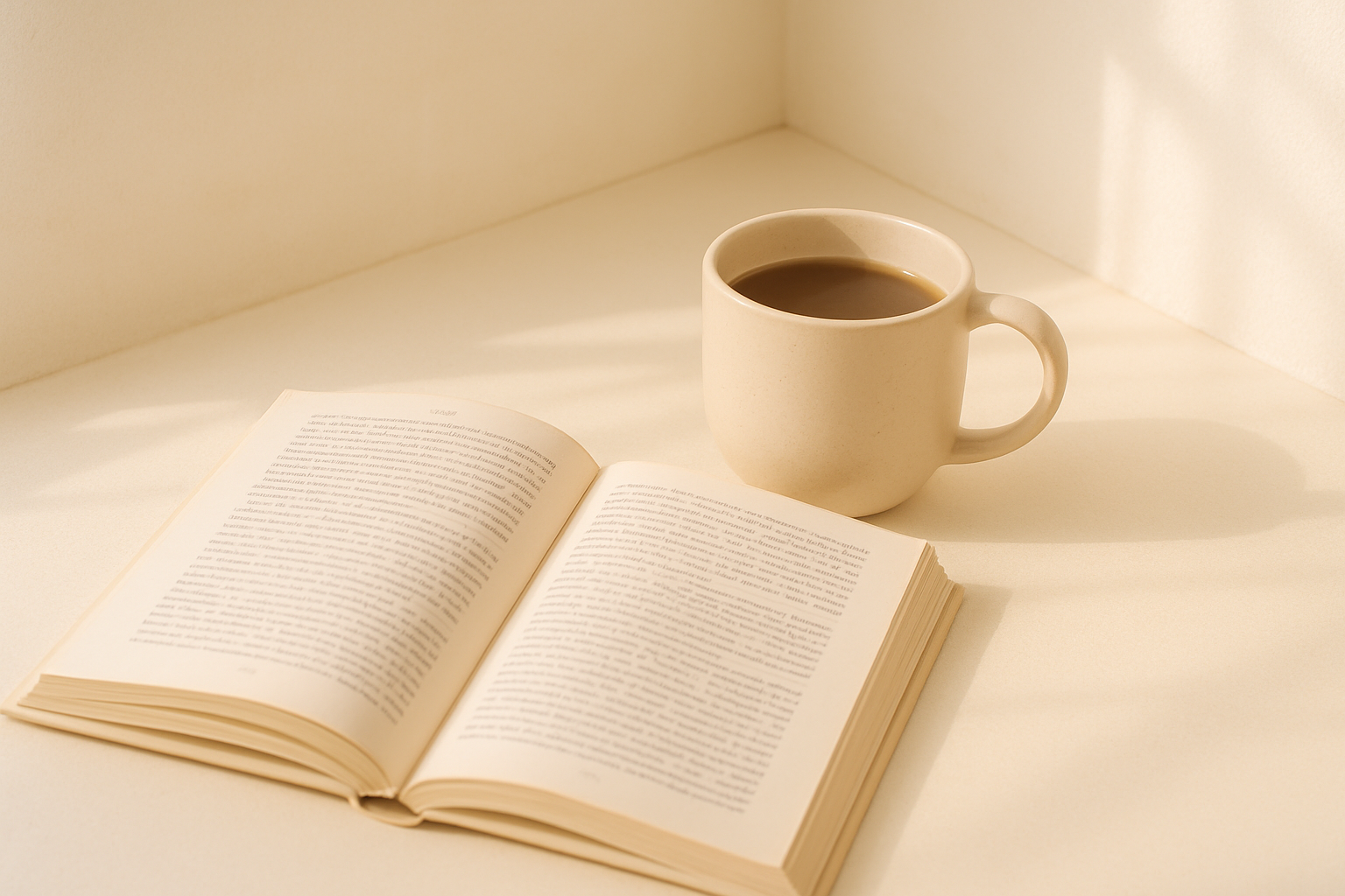 A picture with a book and a coffee mug, light colors